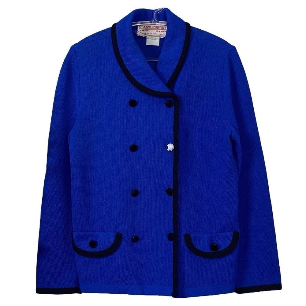 Vtg Castleberry Santana Knit Buttoned Cardigan Blazer Sweater Blue Black Size 6